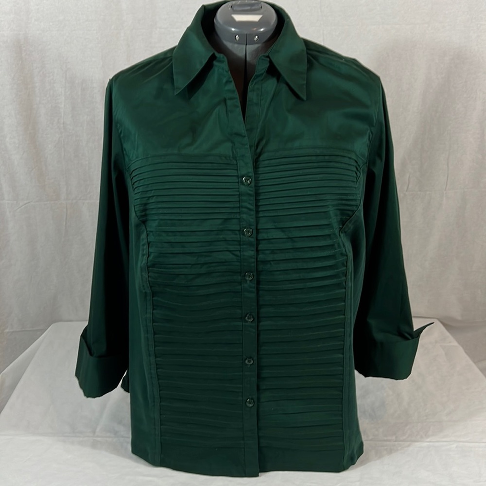 CJ Banks Womens plus size 2X Dr Green button up Blouse 3/4 sleeve stretch sides
